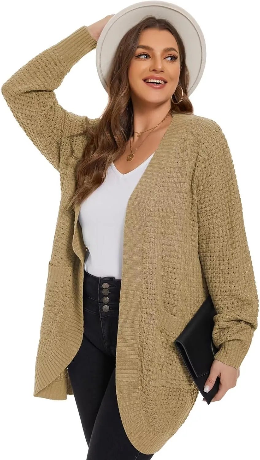 LARACE Long Cardigans for Women Plus Size Tops Open Front Sweaters with Pockets Waffle Ribbed Sleeve Loose Fall Outwear