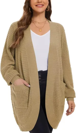 LARACE Long Cardigans for Women Plus Size Tops Open Front Sweaters with Pockets Waffle Ribbed Sleeve Loose Fall Outwear