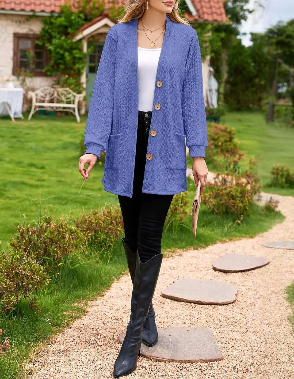 LARACE Open Front Cardigan for Women Cable Knit Sweater with Pockets Plus Size Long Sleeve Tops Button Down Winter Coat