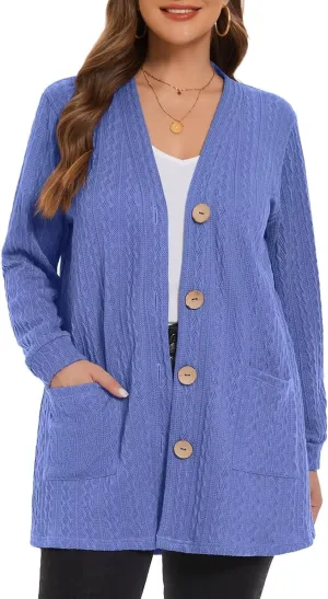 LARACE Open Front Cardigan for Women Cable Knit Sweater with Pockets Plus Size Long Sleeve Tops Button Down Winter Coat