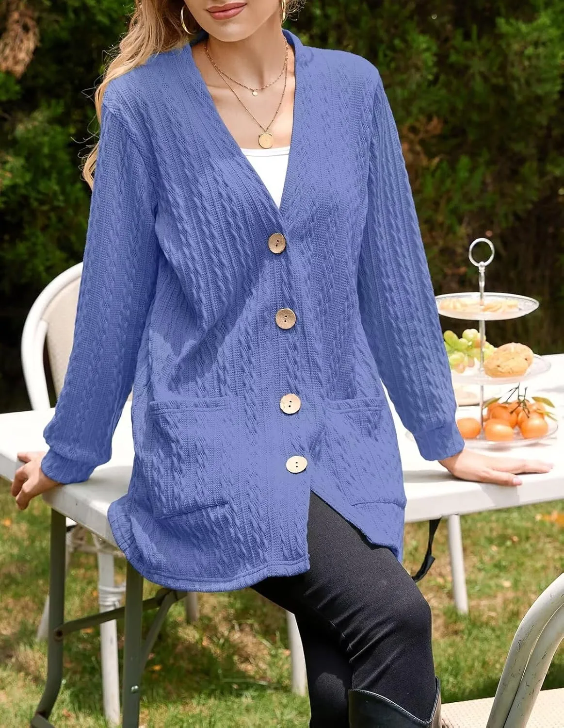 LARACE Open Front Cardigan for Women Cable Knit Sweater with Pockets Plus Size Long Sleeve Tops Button Down Winter Coat