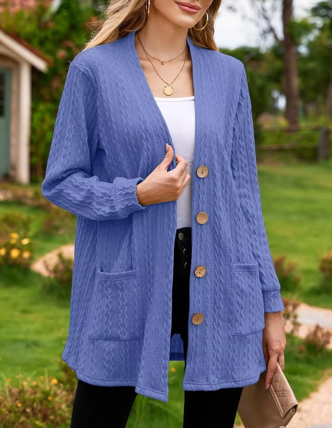 LARACE Open Front Cardigan for Women Cable Knit Sweater with Pockets Plus Size Long Sleeve Tops Button Down Winter Coat