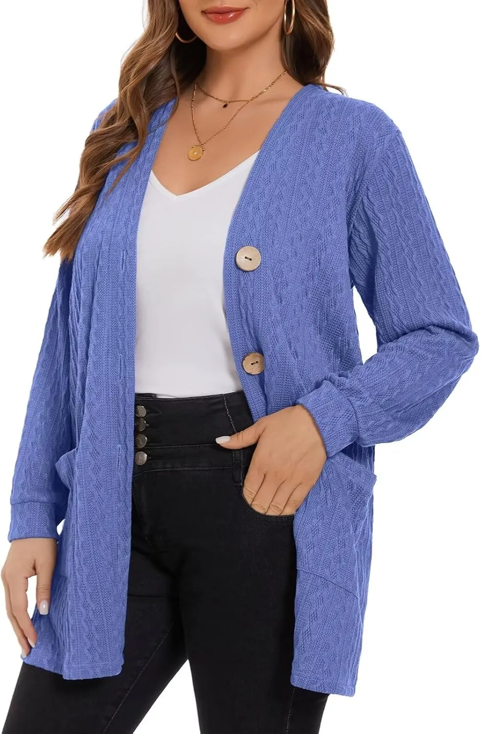 LARACE Open Front Cardigan for Women Cable Knit Sweater with Pockets Plus Size Long Sleeve Tops Button Down Winter Coat