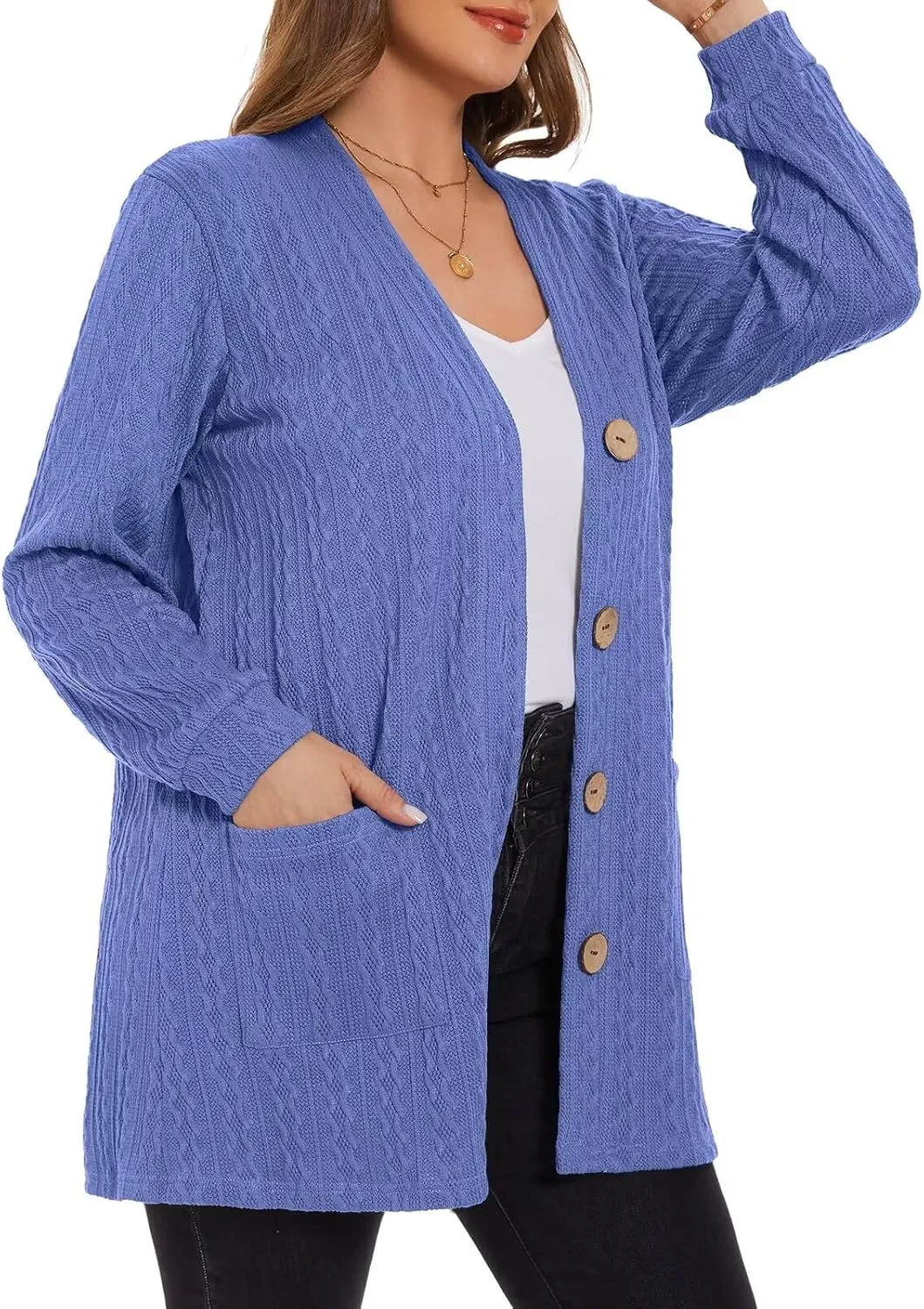 LARACE Open Front Cardigan for Women Cable Knit Sweater with Pockets Plus Size Long Sleeve Tops Button Down Winter Coat
