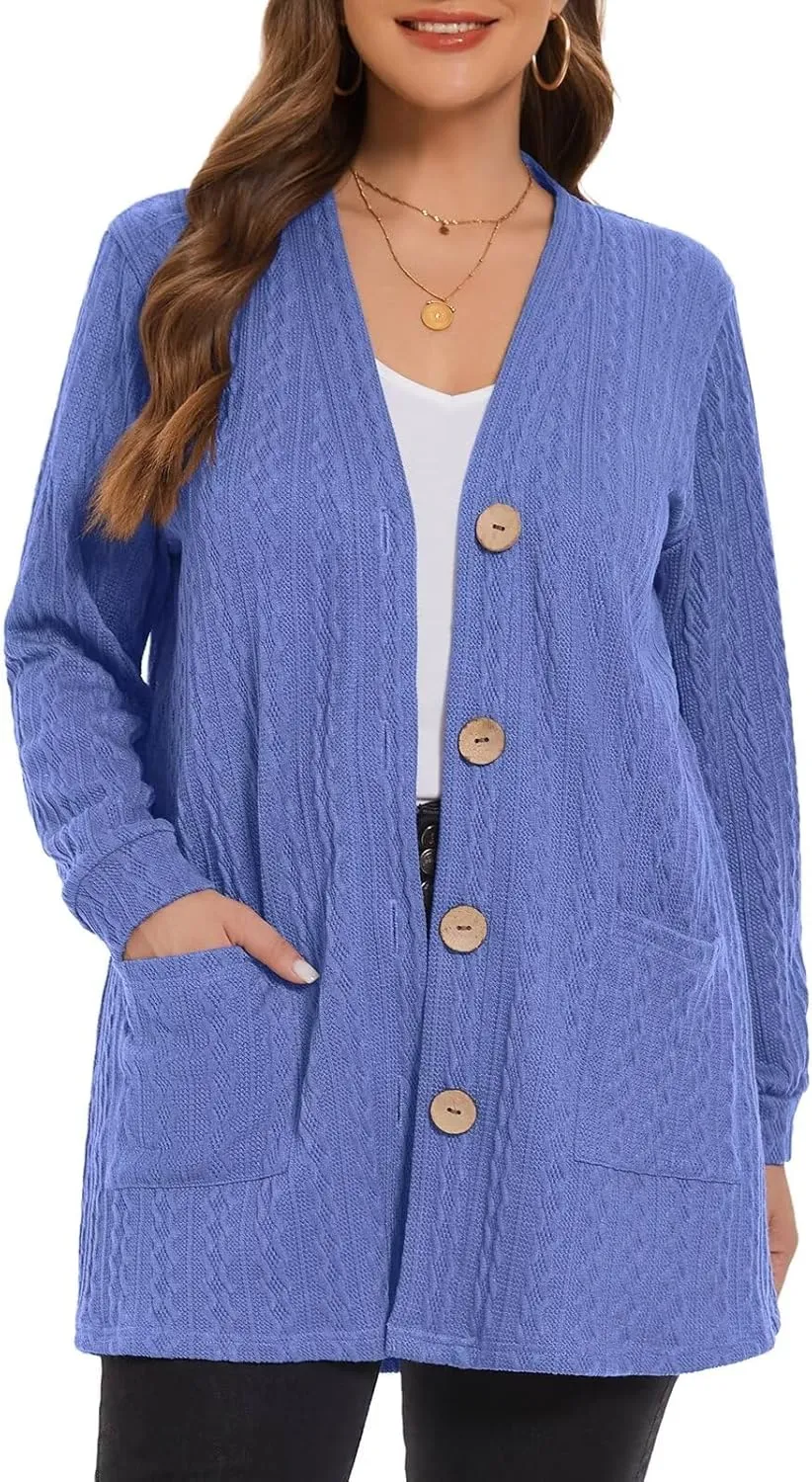 LARACE Open Front Cardigan for Women Cable Knit Sweater with Pockets Plus Size Long Sleeve Tops Button Down Winter Coat