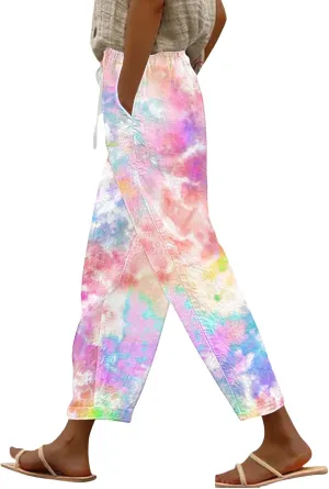 LCMTWX Wide Leg Linen Pants Woman Cotton Linen Elastic Seven Pants Beach Casual Pants Linen Capri Pants 2025 Pants with