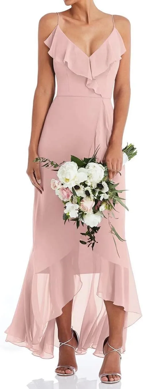 Lcybem High Low Chiffon Bridesmaid Dresses Ruffled Style Evening Dress Chiffon Summer Bohemian Party Dress