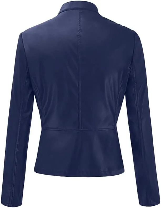 Leather Jacket Women Casual Fall Long Sleeve Faux Suede Motorcycle Jacket Zip Up Coat Lightweight Outwear