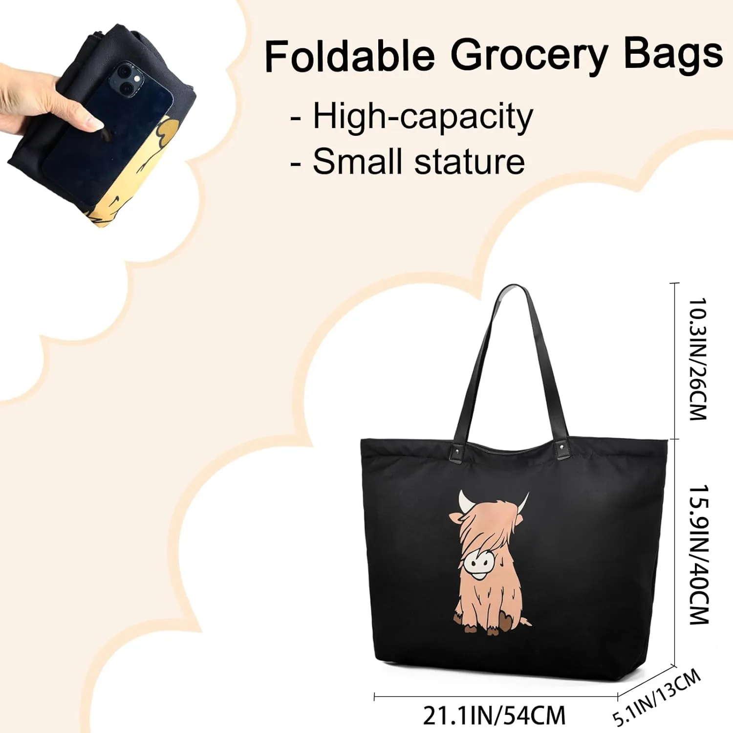 LEMEDE 30L Zip Grocery Bag - Wide Handheld to Reduce Shoulder Pressure,Personalized Minimalist Style Tote Bag,Gift for Women