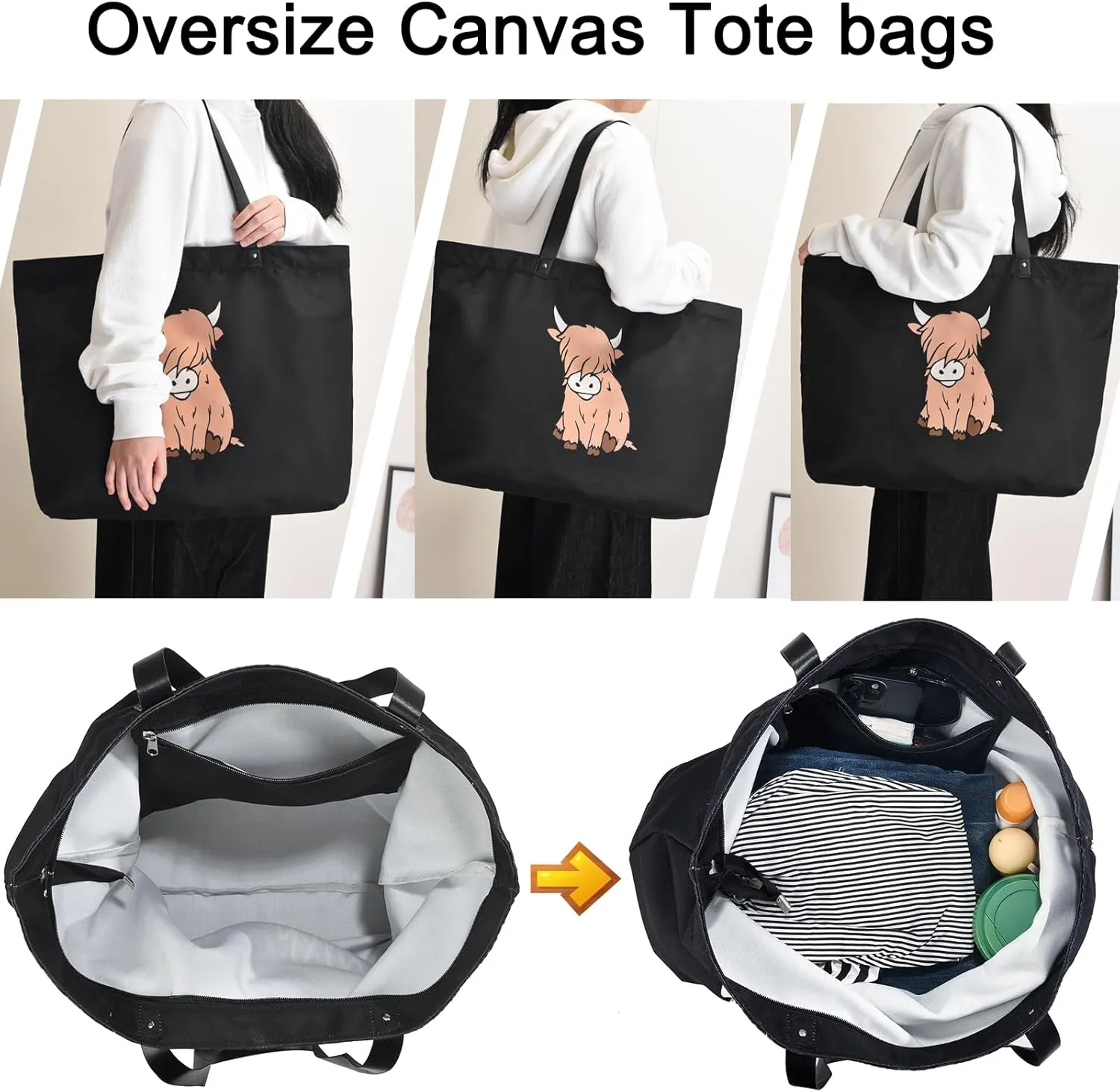 LEMEDE 30L Zip Grocery Bag - Wide Handheld to Reduce Shoulder Pressure,Personalized Minimalist Style Tote Bag,Gift for Women