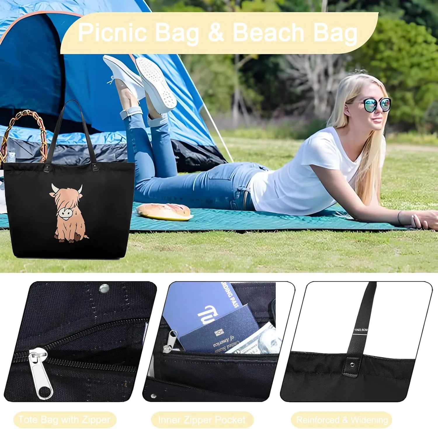 LEMEDE 30L Zip Grocery Bag - Wide Handheld to Reduce Shoulder Pressure,Personalized Minimalist Style Tote Bag,Gift for Women