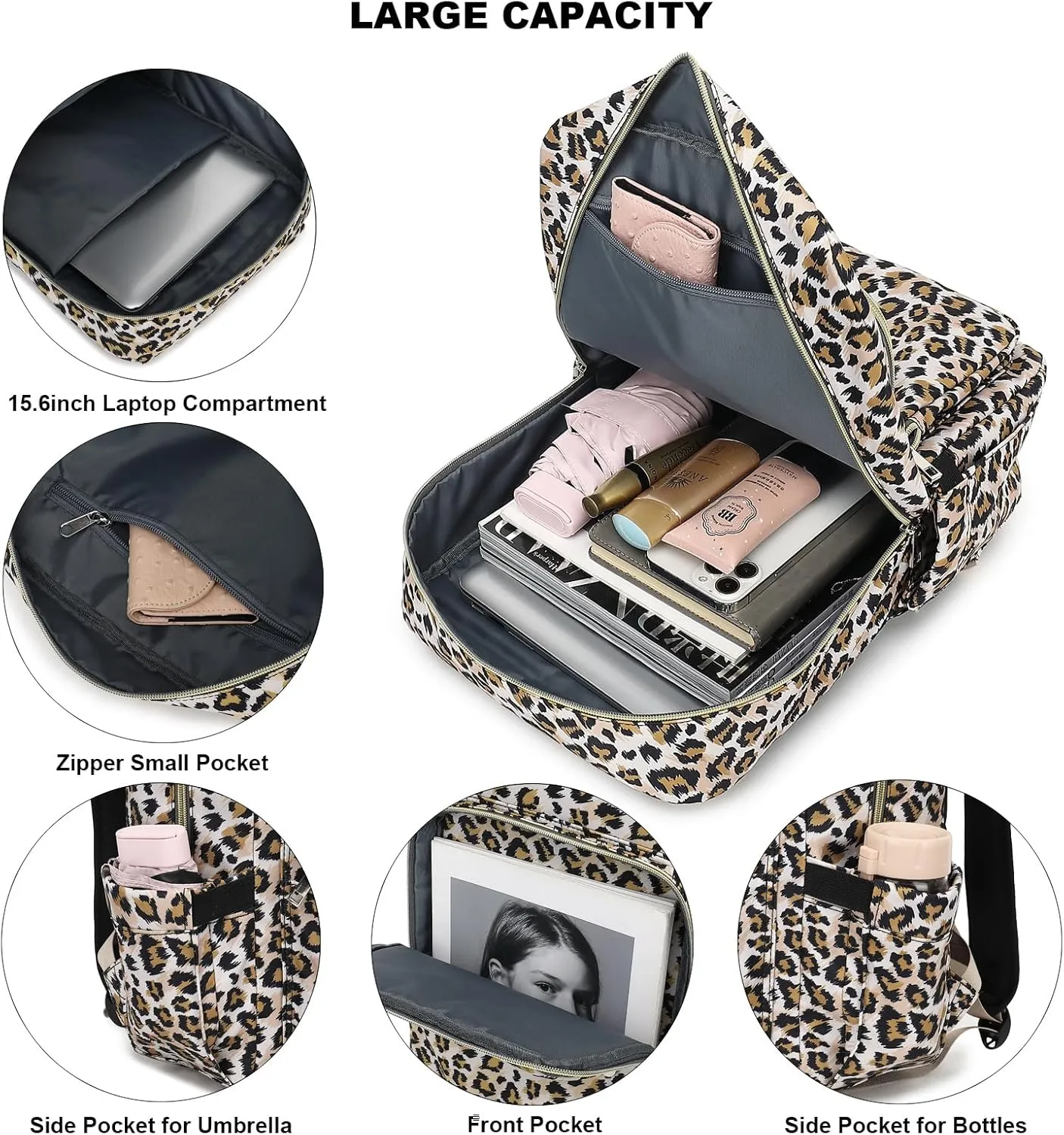 Leopard Laptop Backpack for Women Girls, 15.6 inch College School Backpacks Travel Casual Daypack