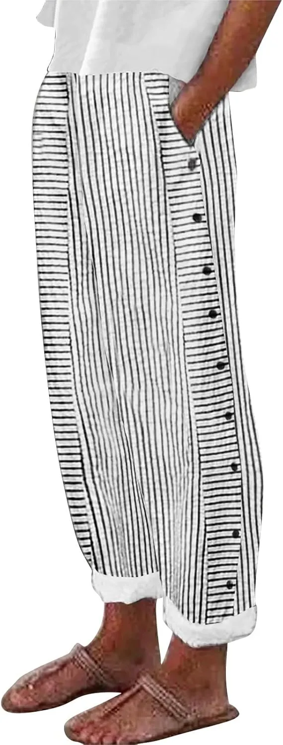 Linen Pants for Women 2025 Plus Size Trendy Striped Spring Summer Gauze Pants Casual Elastic Waist Comfy Trousers