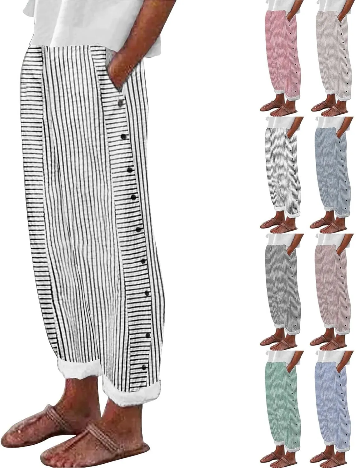 Linen Pants for Women 2025 Plus Size Trendy Striped Spring Summer Gauze Pants Casual Elastic Waist Comfy Trousers