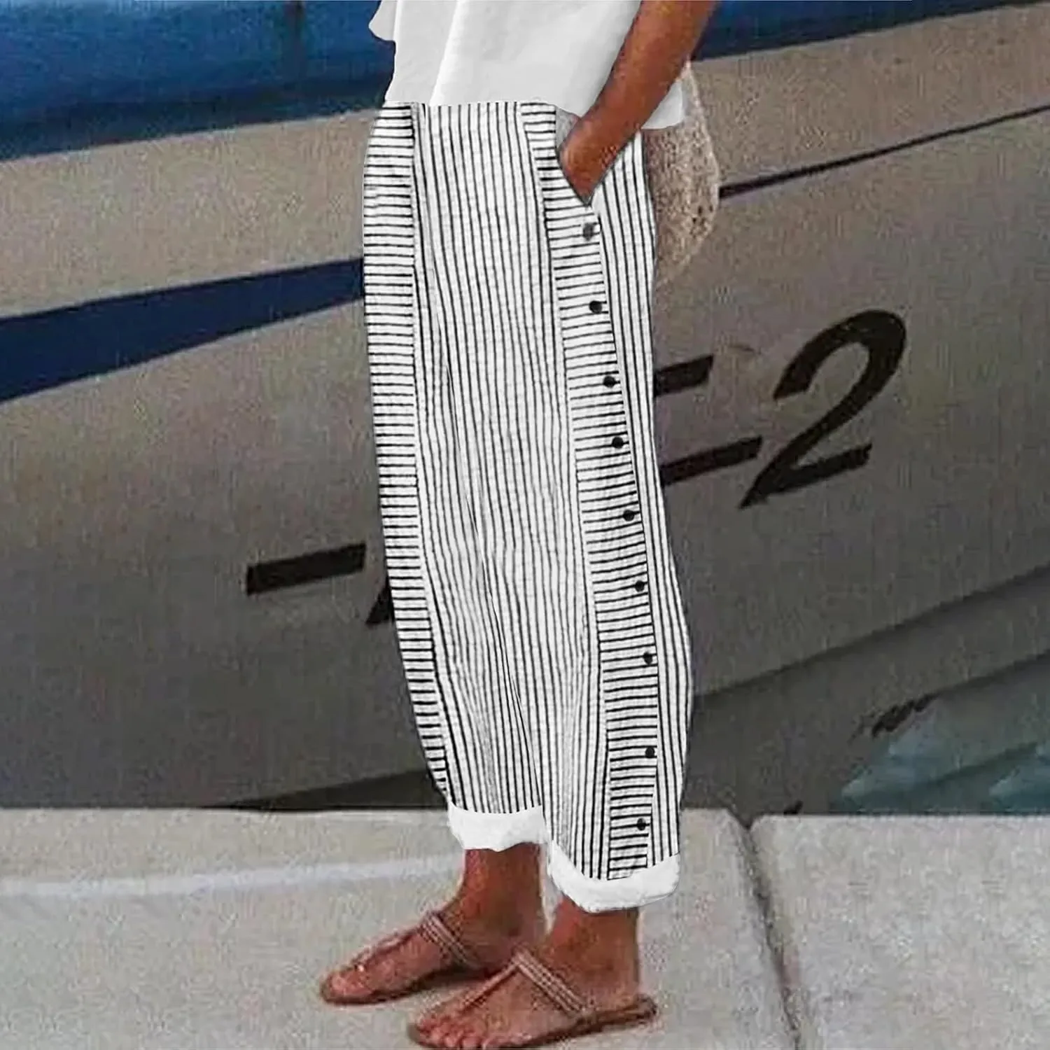 Linen Pants for Women 2025 Plus Size Trendy Striped Spring Summer Gauze Pants Casual Elastic Waist Comfy Trousers