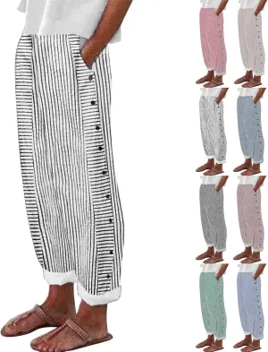 Linen Pants for Women 2025 Plus Size Trendy Striped Spring Summer Gauze Pants Casual Elastic Waist Comfy Trousers