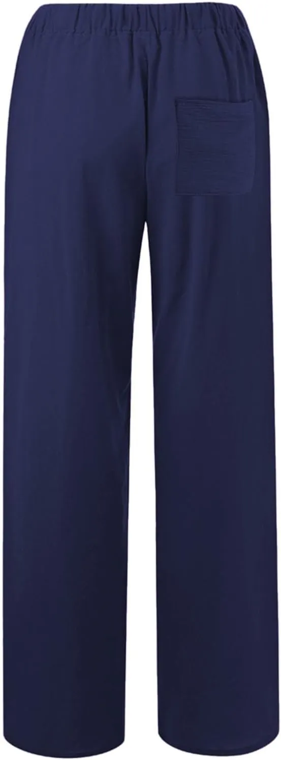 Linen Pants for Women Summer, Fashion Wide Leg Casual Cotton Breathable High Waisted Drawstring Soft Comfort Trousers