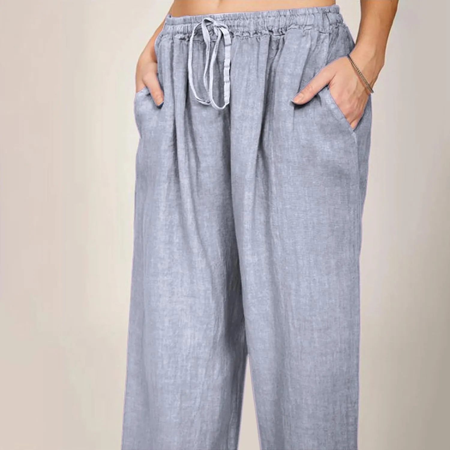 Linen Pants for Women Summer, Fashion Wide Leg Casual Cotton Breathable High Waisted Drawstring Soft Comfort Trousers
