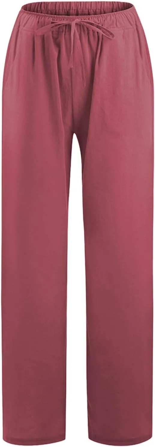 Linen Pants for Women Summer, Fashion Wide Leg Casual Cotton Breathable High Waisted Drawstring Soft Comfort Trousers