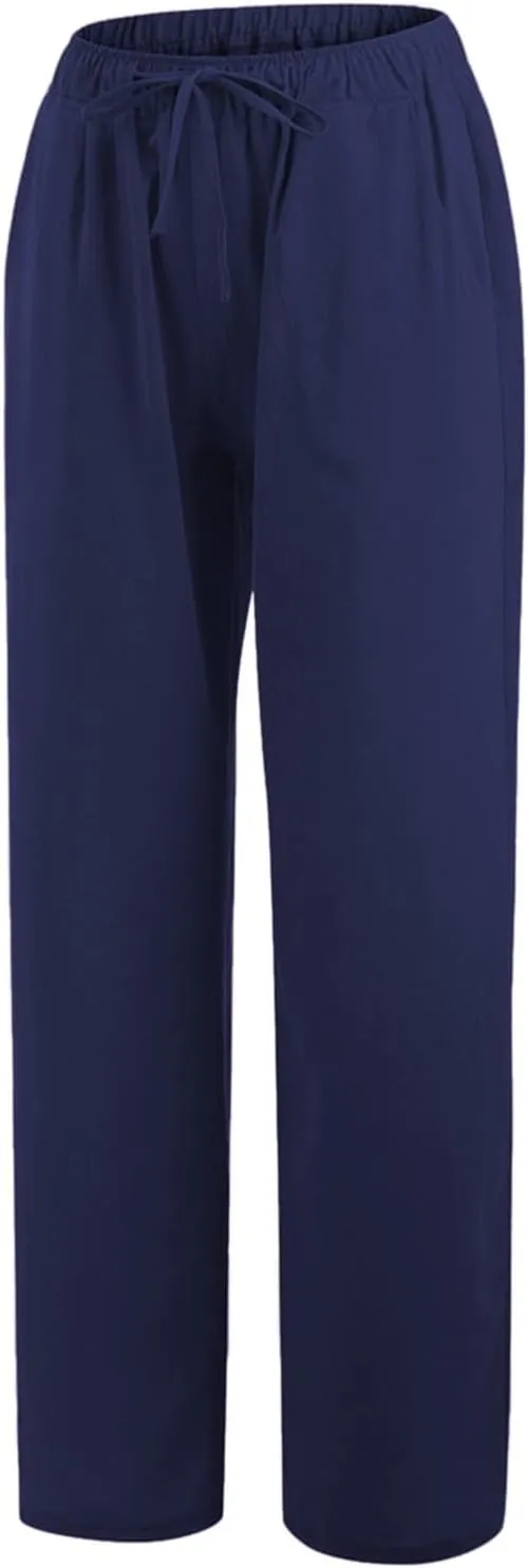 Linen Pants for Women Summer, Fashion Wide Leg Casual Cotton Breathable High Waisted Drawstring Soft Comfort Trousers