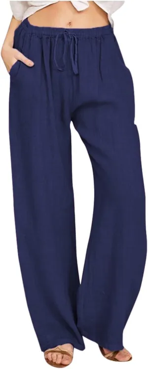 Linen Pants for Women Summer, Fashion Wide Leg Casual Cotton Breathable High Waisted Drawstring Soft Comfort Trousers