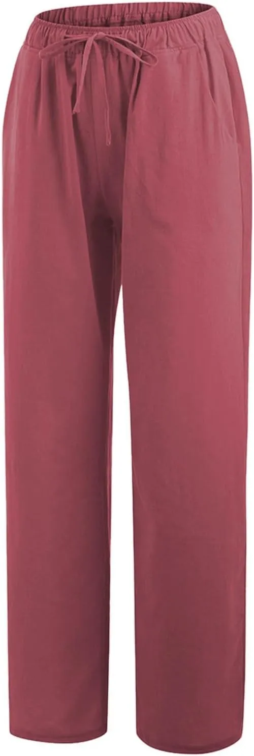 Linen Pants for Women Summer, Fashion Wide Leg Casual Cotton Breathable High Waisted Drawstring Soft Comfort Trousers