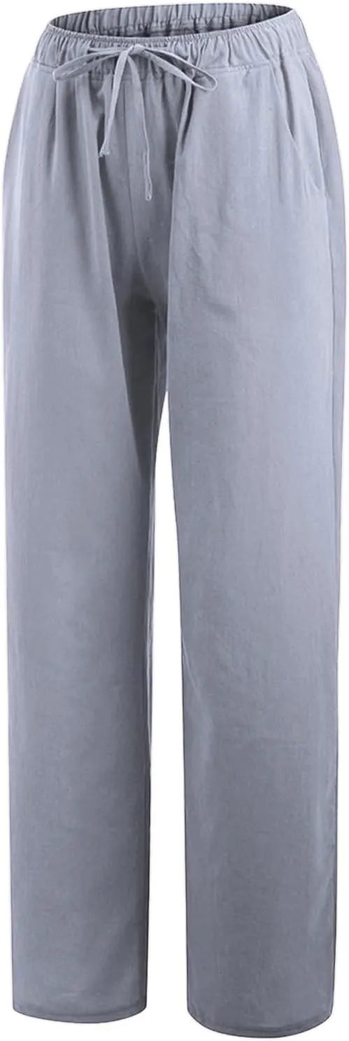 Linen Pants for Women Summer, Fashion Wide Leg Casual Cotton Breathable High Waisted Drawstring Soft Comfort Trousers