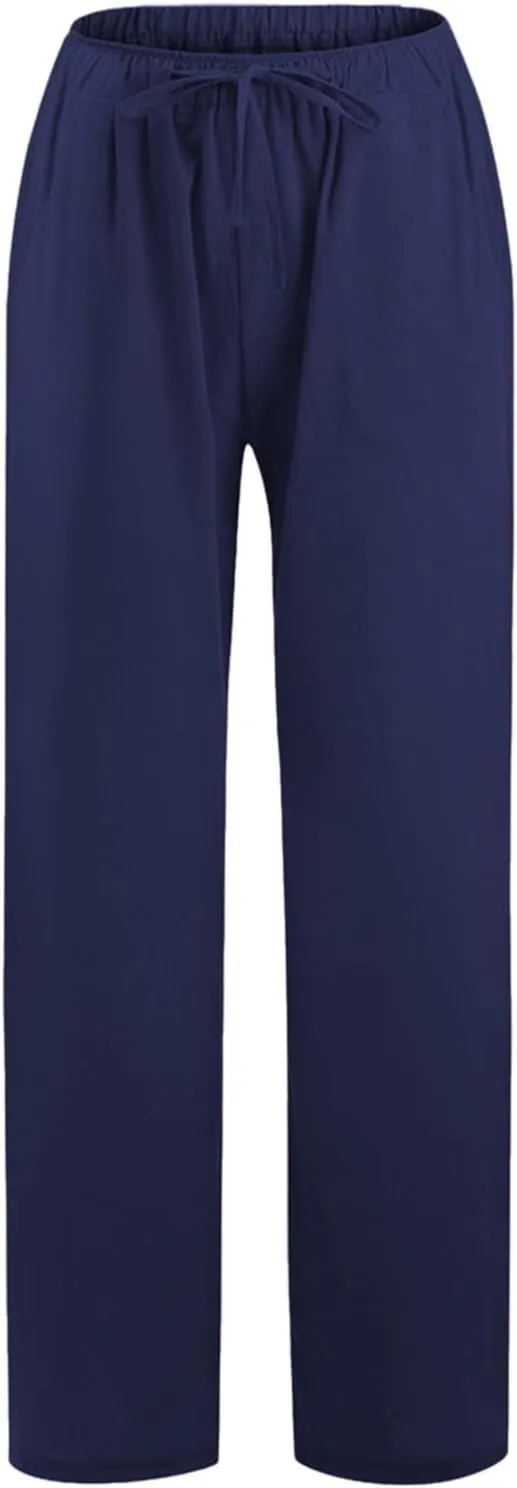 Linen Pants for Women Summer, Fashion Wide Leg Casual Cotton Breathable High Waisted Drawstring Soft Comfort Trousers