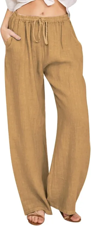 Linen Pants for Women Summer, Fashion Wide Leg Casual Cotton Breathable High Waisted Drawstring Soft Comfort Trousers