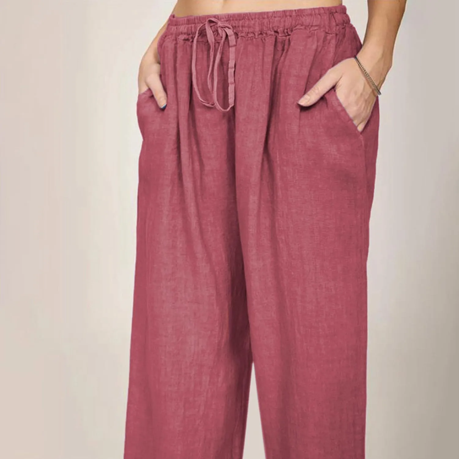 Linen Pants for Women Summer, Fashion Wide Leg Casual Cotton Breathable High Waisted Drawstring Soft Comfort Trousers