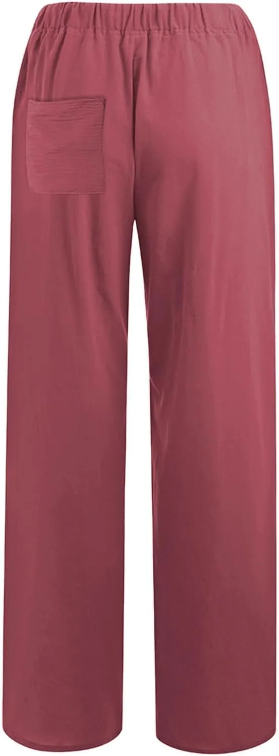 Linen Pants for Women Summer, Fashion Wide Leg Casual Cotton Breathable High Waisted Drawstring Soft Comfort Trousers