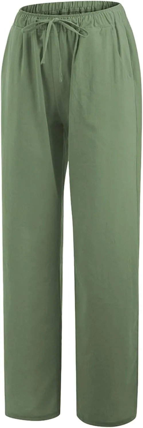 Linen Pants for Women Summer, Fashion Wide Leg Casual Cotton Breathable High Waisted Drawstring Soft Comfort Trousers
