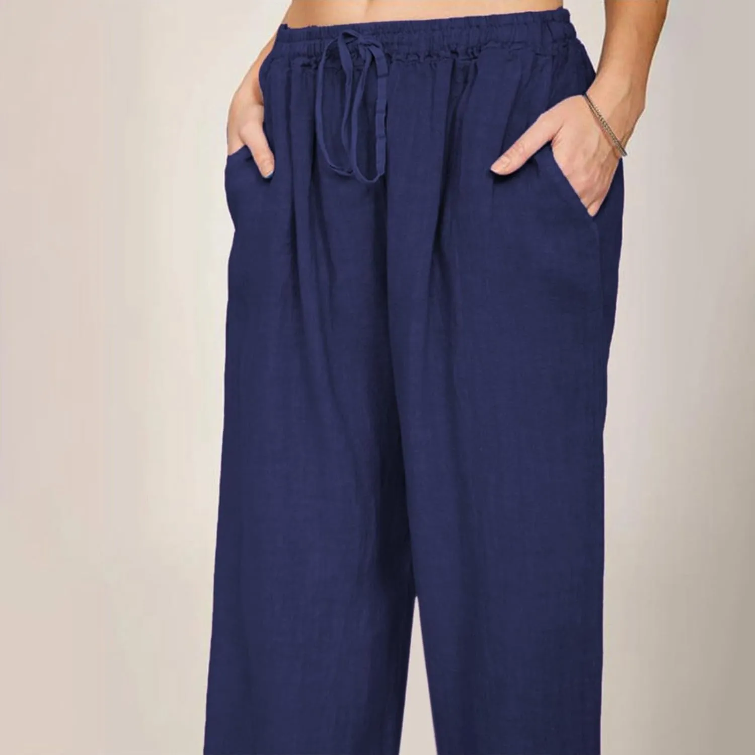 Linen Pants for Women Summer, Fashion Wide Leg Casual Cotton Breathable High Waisted Drawstring Soft Comfort Trousers