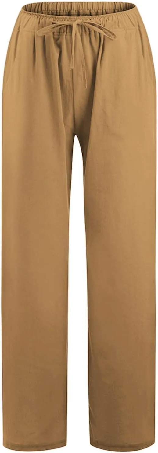 Linen Pants for Women Summer, Fashion Wide Leg Casual Cotton Breathable High Waisted Drawstring Soft Comfort Trousers