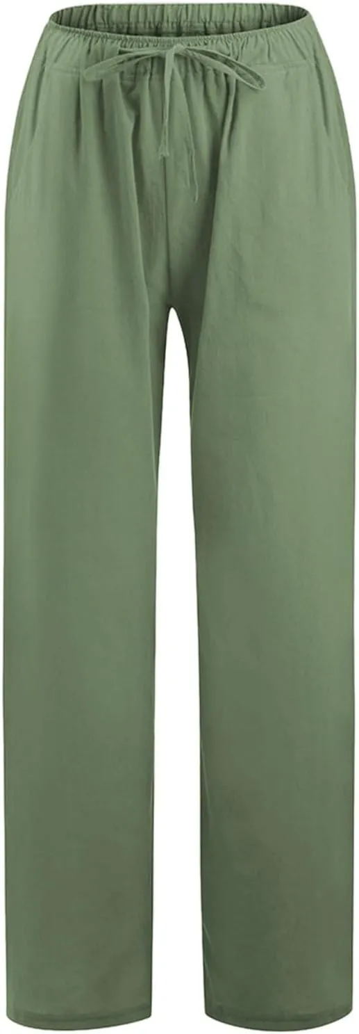 Linen Pants for Women Summer, Fashion Wide Leg Casual Cotton Breathable High Waisted Drawstring Soft Comfort Trousers