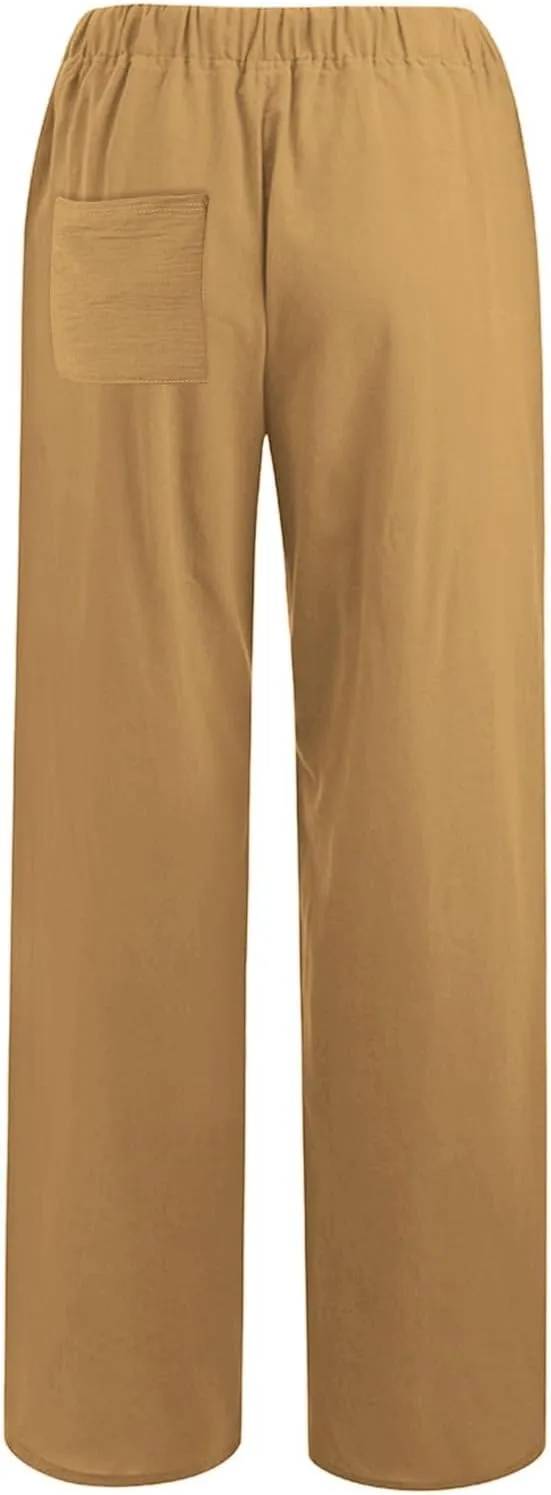 Linen Pants for Women Summer, Fashion Wide Leg Casual Cotton Breathable High Waisted Drawstring Soft Comfort Trousers