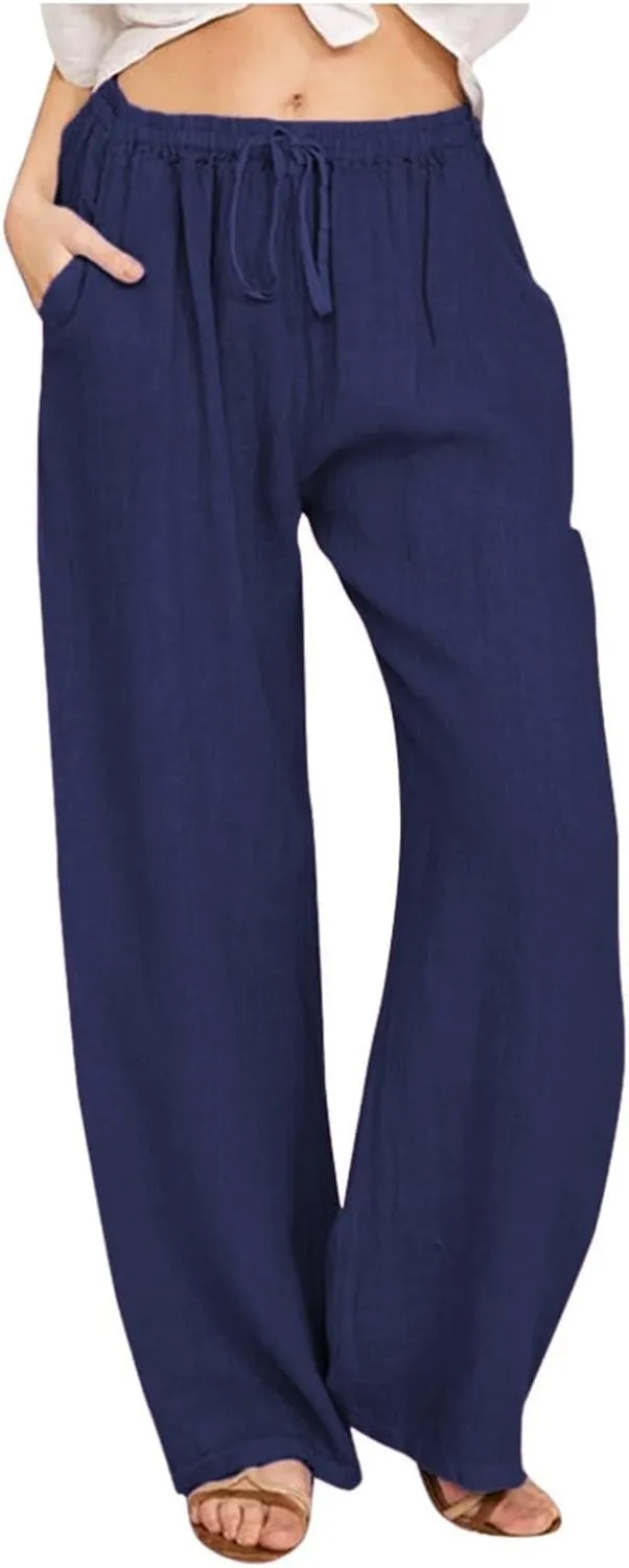 Linen Pants for Women Summer, Fashion Wide Leg Casual Cotton Breathable High Waisted Drawstring Soft Comfort Trousers