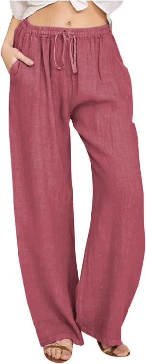 Linen Pants for Women Summer, Fashion Wide Leg Casual Cotton Breathable High Waisted Drawstring Soft Comfort Trousers