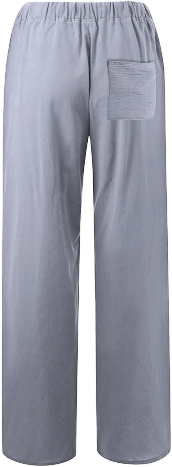 Linen Pants for Women Summer, Fashion Wide Leg Casual Cotton Breathable High Waisted Drawstring Soft Comfort Trousers
