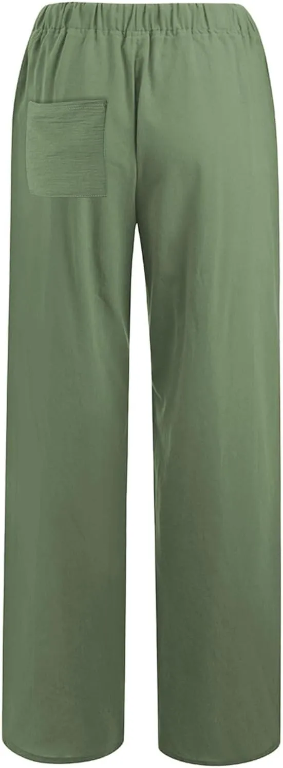 Linen Pants for Women Summer, Fashion Wide Leg Casual Cotton Breathable High Waisted Drawstring Soft Comfort Trousers