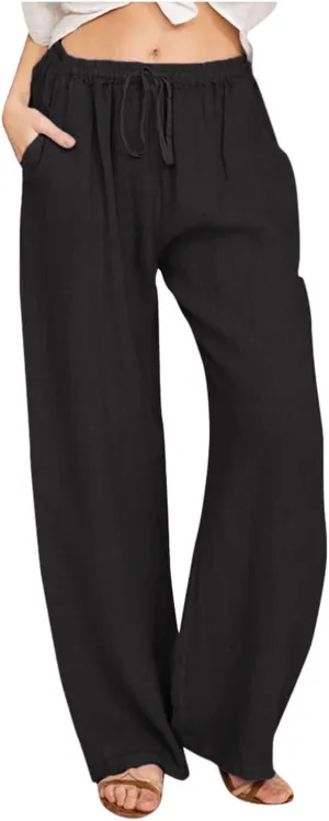 Linen Pants for Women Summer, Fashion Wide Leg Casual Cotton Breathable High Waisted Drawstring Soft Comfort Trousers