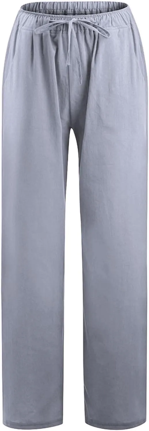 Linen Pants for Women Summer, Fashion Wide Leg Casual Cotton Breathable High Waisted Drawstring Soft Comfort Trousers