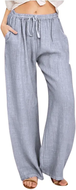 Linen Pants for Women Summer, Fashion Wide Leg Casual Cotton Breathable High Waisted Drawstring Soft Comfort Trousers