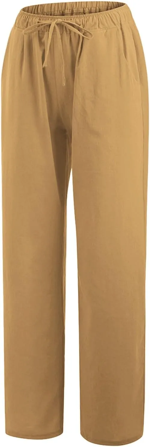 Linen Pants for Women Summer, Fashion Wide Leg Casual Cotton Breathable High Waisted Drawstring Soft Comfort Trousers