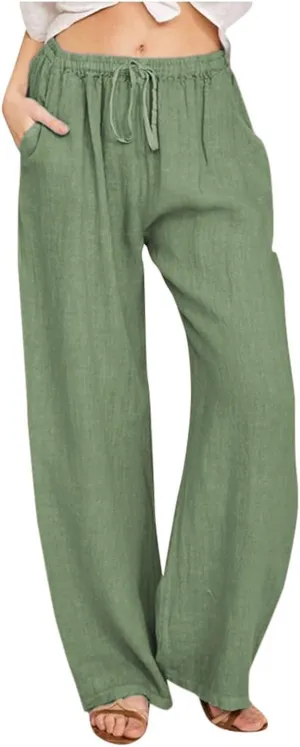 Linen Pants for Women Summer, Fashion Wide Leg Casual Cotton Breathable High Waisted Drawstring Soft Comfort Trousers
