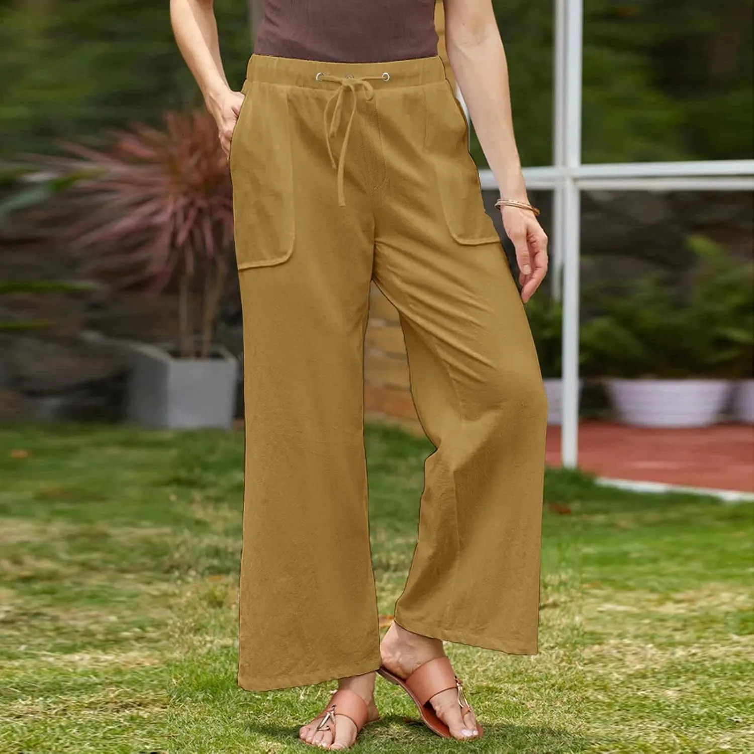 Linen Pants Women 2025 Casual Hight Waist Drawstring Joggers Plus Size Loose Wide Leg Baggy Summer Solid Linen Pants