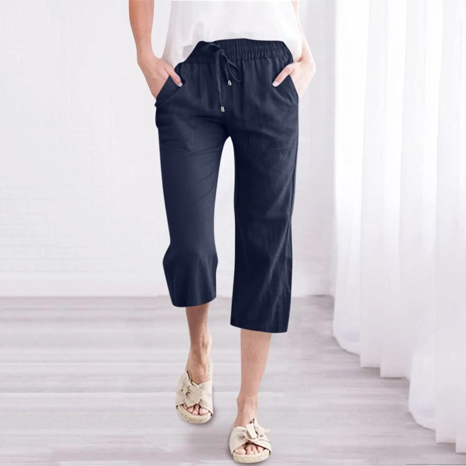 Linen Pants Women Summer Capri Pants Button Up Straight Leg Cropped Pants Elastic Waist Casual Pants Trousers Palazzo