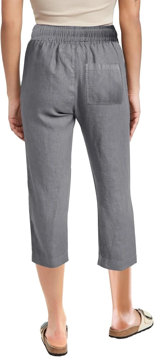 Linen Pants Women Summer Capri Pants Button Up Straight Leg Cropped Pants Elastic Waist Casual Pants Trousers Palazzo