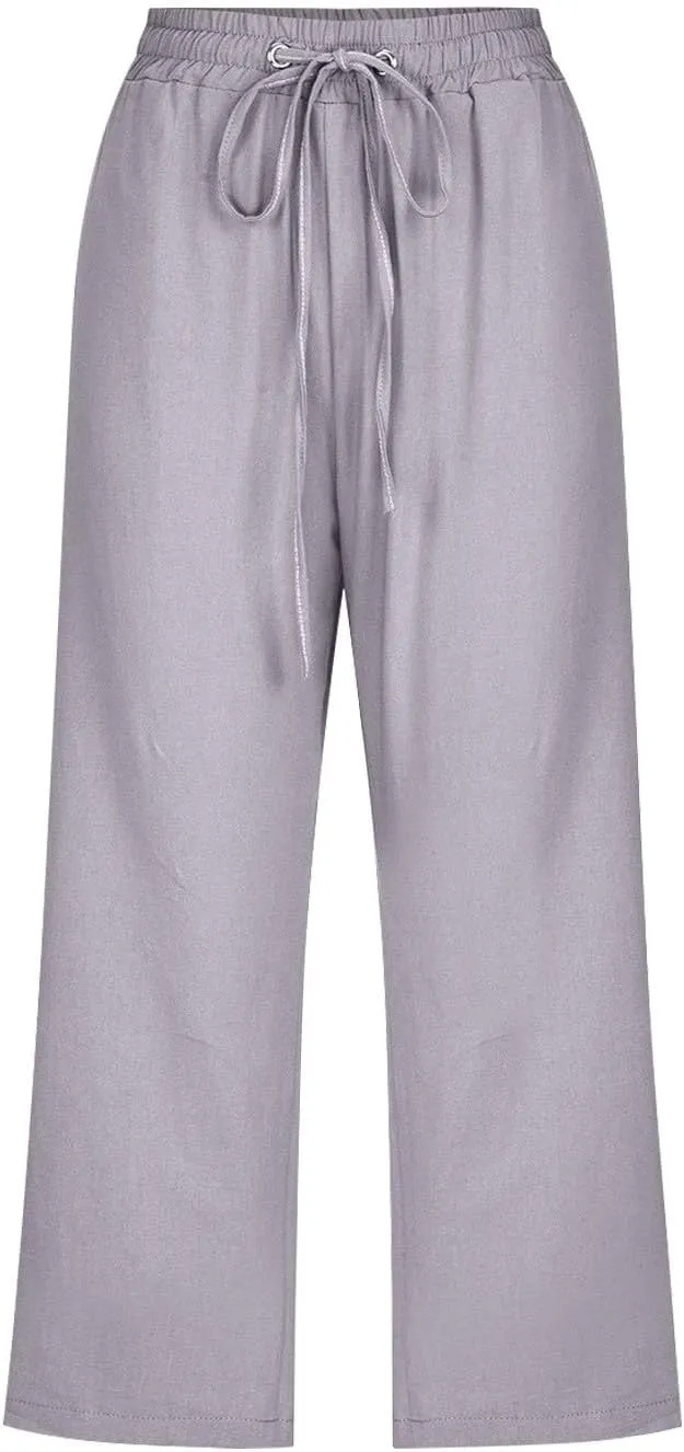 Linen Pants Women Summer Capri Pants Button Up Straight Leg Cropped Pants Elastic Waist Casual Pants Trousers Palazzo
