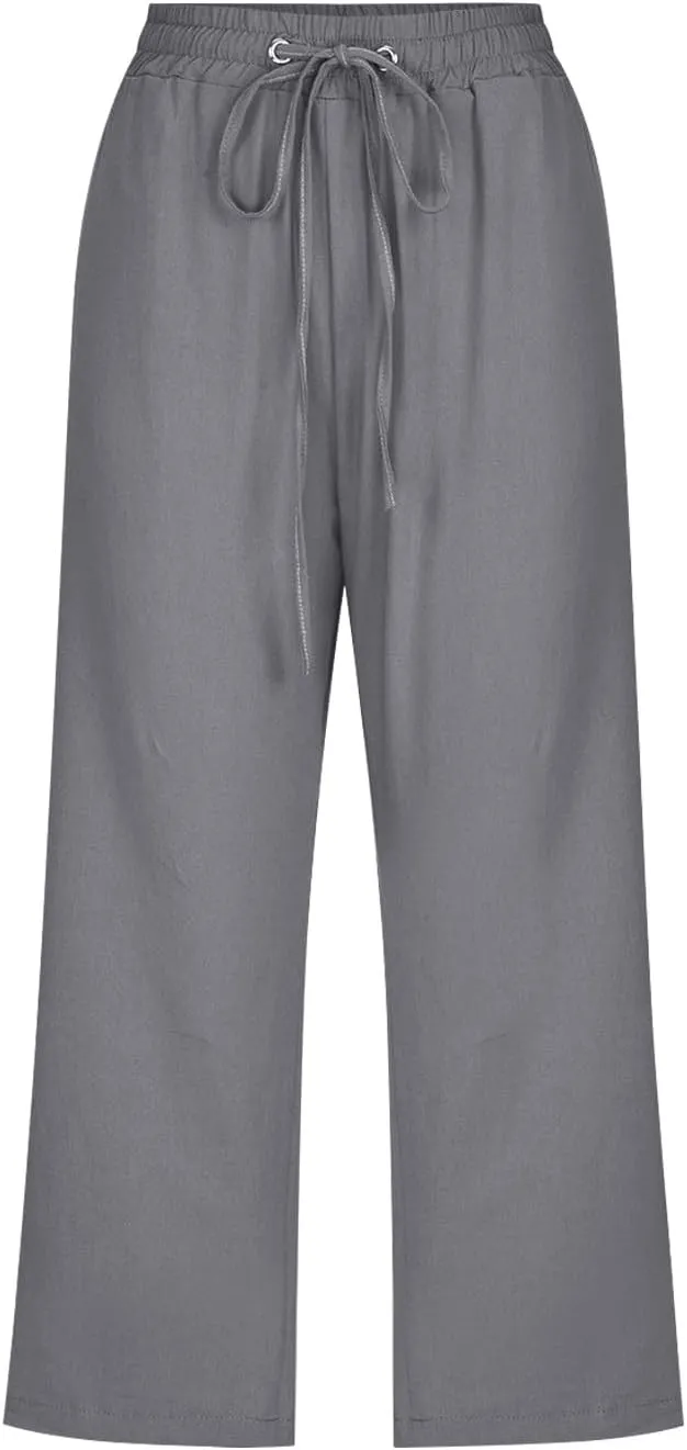 Linen Pants Women Summer Capri Pants Button Up Straight Leg Cropped Pants Elastic Waist Casual Pants Trousers Palazzo